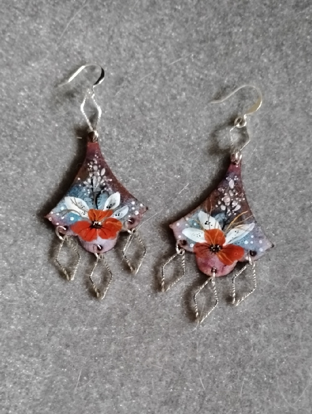 Hand Crafted Enamel Painted Floral Drop Earrings With Silver  And Gold Accents